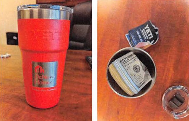 Evidence photos show a travel coffee mug with the DeNova Homes logo that contained $5,000 in cash that was given to an Antioch councilmember. David Sanson, 60, and Trent Sanson, 33, were indicted on charges of conspiracy and paying bribes to the so-far unnamed councilmember, who reported the alleged activity to the FBI. (Courtesy of Northern District of California court records)