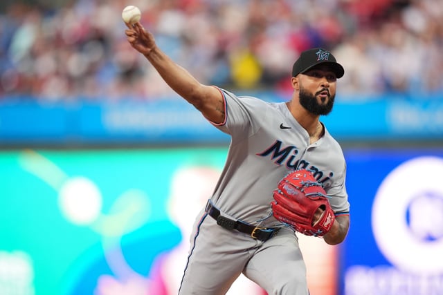 PHILADELPHIA, PENNSYLVANIA - APRIL 18: Sandy Alcantara #22 of the Miami Marlins in the game against the Philadelphia Phillies at Citizens Bank Park on April 18, 2025 in Philadelphia, Pennsylvania.