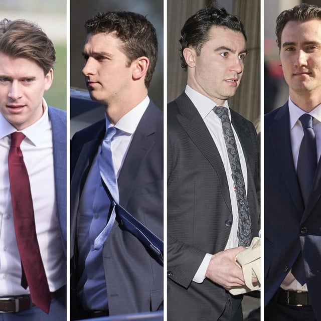 Former NHL players Carter Hart, Cal Foote, Dillon Dubé, Alex Formenton and Michael McLeod, accused in a sexual assault following the World Junior Hockey Championships in 2018, arrive at the Court House in London, Ontario on Tuesday, April 22, 2025.