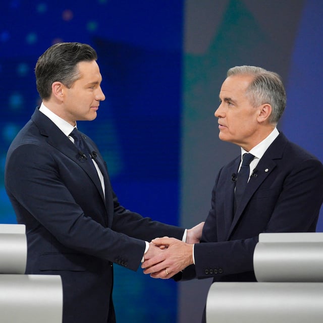 (FILES) Conservative Leader Pierre Poilievre (L) and Canadian Prime Minister and Liberal Party chief Mark Carney shake hands following the English Federal Leaders Debate broadcast at CBC-Radio-Canada, in Montreal, Canada, on April 17, 2025. The candidates to lead Canada after next week's election took starkly different paths to the height of national politics.
Mark Carney, the Liberal Party leader, has never held elected office. 
The former central banker took over as prime minister just a few weeks ago, after parachuting into politics and winning a race to replace Justin Trudeau as Liberal leader. 
Conservative Party leader Pierre Poilievre was first elected to parliament in 2004, at age 25, and over two decades in Ottawa has moved up the political ranks, polishing his skills in debate and in delivering partisan blows. (Photo by Christopher Katsarov / POOL / AFP) (Photo by CHRISTOPHER KATSAROV/POOL/AFP via Getty Images)