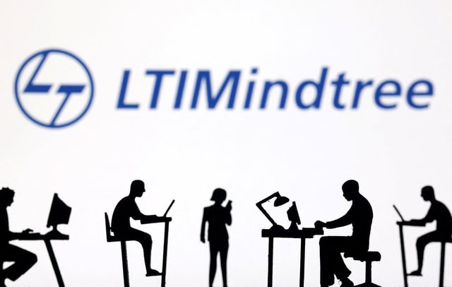 Figurines with computers and smartphones are seen in front of LTIMindtree logo in this illustration taken, February 19, 2024. REUTERS/Dado Ruvic/Illustration