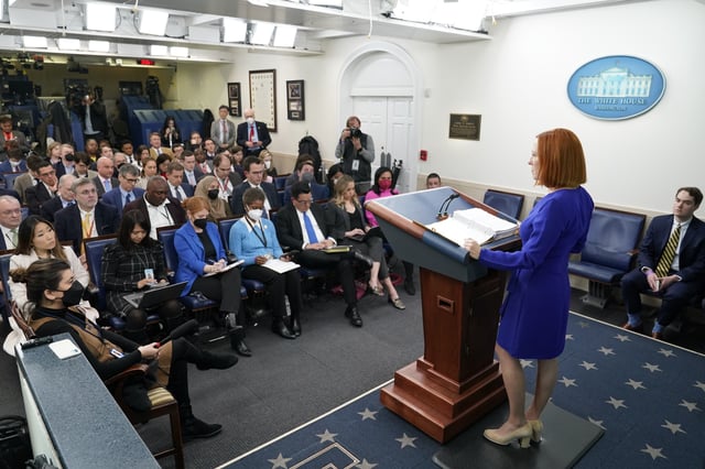 FILE - White House press secretary Jen Psaki speaks during a press briefing at the White House, April 1, 2022, in Washington. (AP Photo/Patrick Semansky, File)