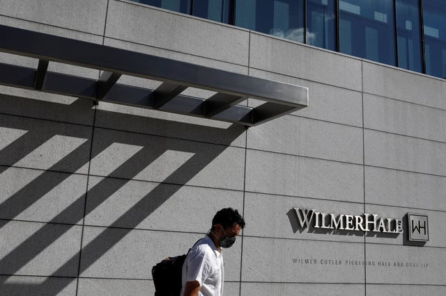 Signage is seen outside of the law firm WilmerHale in Washington, D.C., U.S., August 30, 2020. REUTERS/Andrew Kelly/File Photo
