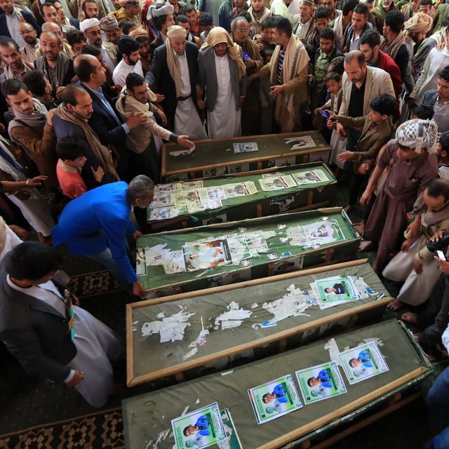 Yemenis attend the funeral of people killed in a reported US strikes, in the Huthi-controlled Yemeni capital Sanaa on April 23, 2025. The US military has been carrying out almost daily attacks for the past month, saying it was targeting the "Iran-backed Huthi terrorists" to stop attacks on international shipping in the Red Sea and Gulf of Aden. (Photo by Mohammed HUWAIS / AFP) (Photo by MOHAMMED HUWAIS/AFP via Getty Images)