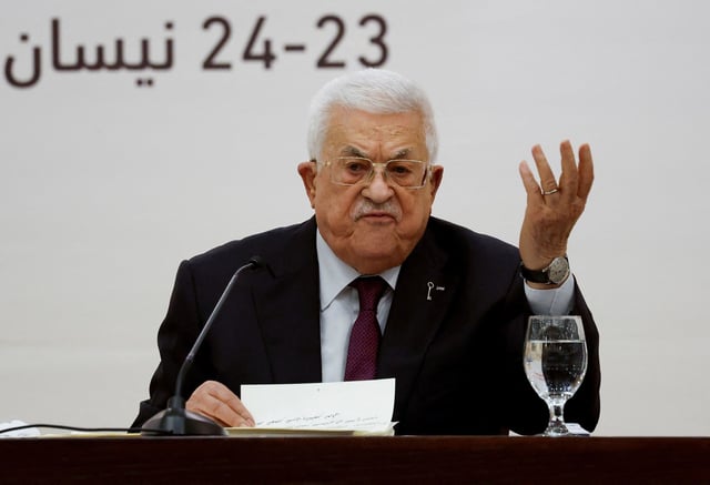 Palestinian Authority President Mahmoud Abbas holds a leadership meeting in Ramallah in the Israeli-occupied West Bank, on April 23.