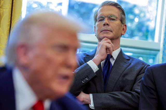 Scott Bessent and Donald Trump at the Oval Office of the White House on April 9, 2025.