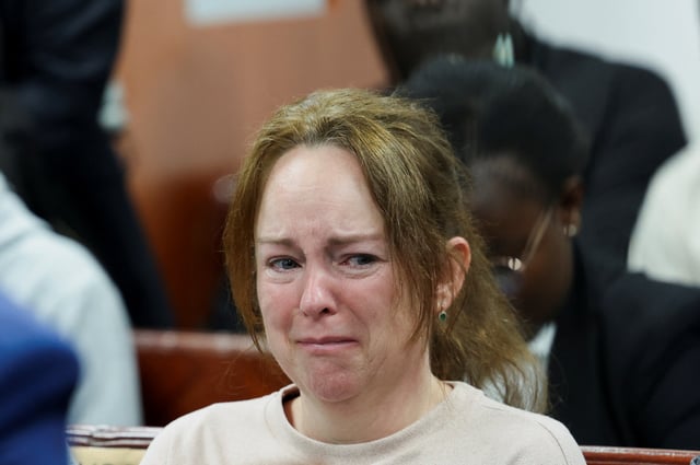 A relative of Belgian national David Lornoy reacts during presentation of pre-sentencing report where David and another Belgian national Seppe Lodewijckx pleaded guilty of illegal possession and trafficking of garden ants, at the Jomo Kenyatta International Airport (JKIA) Law Courts, in Nairobi, Kenya April 23, 2025. REUTERS/Monicah Mwangi