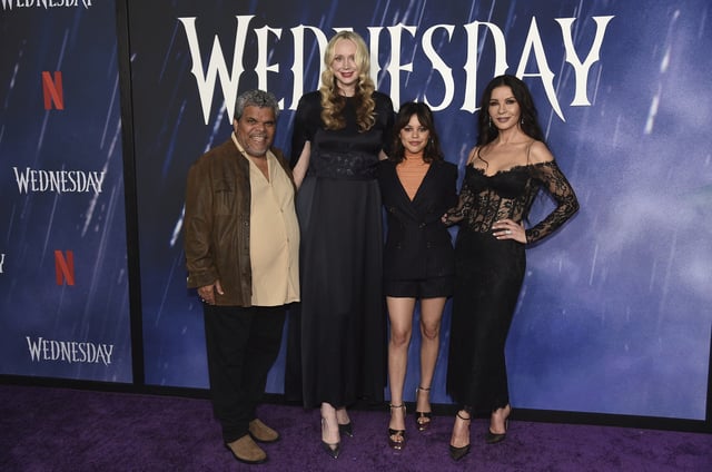 Luis Guzmán, Gwendoline Christie, Jenna Ortega, Catherine Zeta-Jones attend a photo call with the cast of the television series &#34;Wednesday&#34; on Saturday, April 29, 2023, at the Hollywood Forever Cemetery in Los Angeles.