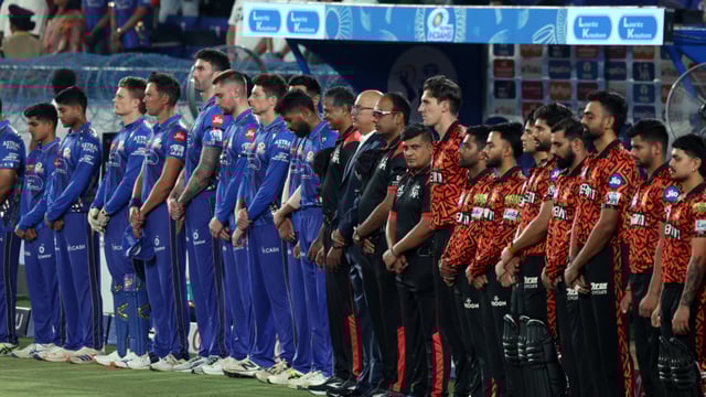 Sunrisers Hyderabad and Mumbai Indians players during a minutes silence in memory of victims who were killed in a terrorist attack in Jammu and Kashmir's Pahalgam on Tuesday.