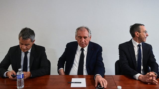 Gérald Darmanin, François Bayrou et Bruno Retailleau le 23 avril 2025 en Isère.