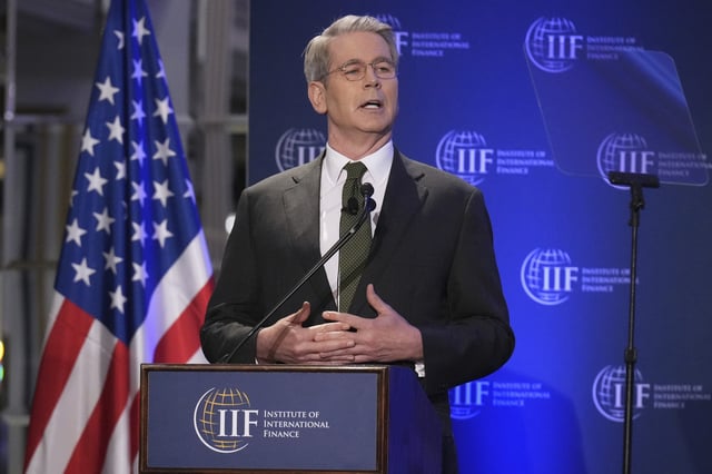 Treasury Secretary Scott Bessent speaks, Wednesday, April 23, 2025, during the Institute of International Finance Global Outlook Forum at the Willard Hotel in Washington. (AP Photo/Jacquelyn Martin)
