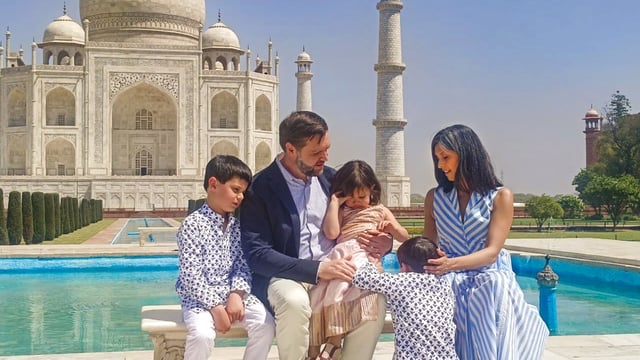 Agra: US Vice President JD Vance with wife Usha and their three children, sons Ewan and Vivek and daughter Mirabel, during a visit to the Taj Mahal, in Agra, Uttar Pradesh, Wednesday, April 23, 2025. (PTI Photo) (PTI04_23_2025_000089B)