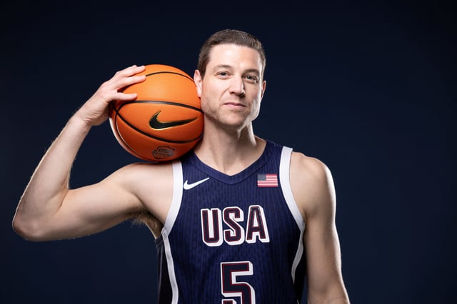 American men's 3x3 basketball player Jimmer Fredette poses for a portrait during the Team USA media summit ahead of the Paris Olympics and Paralympics, at an event in New York, U.S., April 17, 2024. REUTERS/Andrew Kelly/File Photo