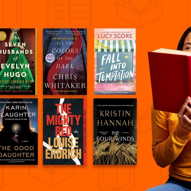 a person wearing a yellow sweater is sitting while reading a red hardback book. Beside her to the left are the book covers of eight popular books