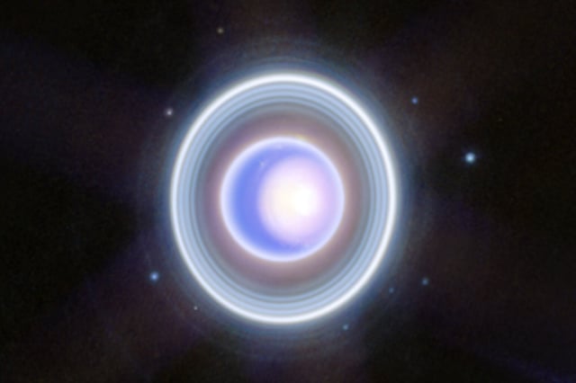 A Webb image of Uranus, its rings, and 9 of its 27 moons. Image: NASA, ESA, CSA, STScI