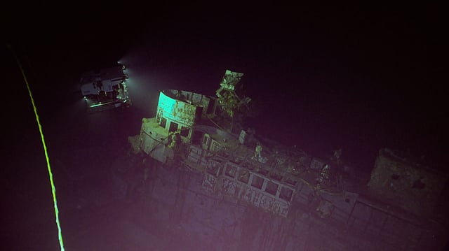 Remotely operated vehicle Deep Discoverer images the wreck of USS Yorktown during a dive on April 19 as part of the Papahānaumokuākea ROV and Mapping expedition.