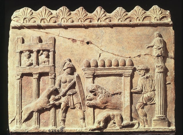 Mandatory Credit: Photo by Gianni Dagli Orti/Shutterstock (5850752qs)
Lion fight in the circus, relief, terracotta, 1st century AD Roman
Art (Archaeology) - various
Location: Museo Nazionale Terme Rome