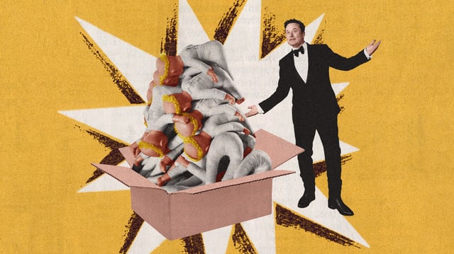 Photo collage of Elon Musk showing off a box full of white, blonde baby dolls, piled in a huge stack.