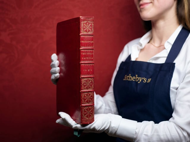 This photo issued by Sotheby's on Wednesday April 23, 2025, shows The First Folio of William Shakespeare, which contains 36 of Shakespeare's plays, and is "the most significant publication in the history of English literature". It is one of four folios which are due to go on sale at Sotheby's in London on May 23, where they are expected to fetch between £3.5 million and £4.5 million. (Sotheby's via AP)