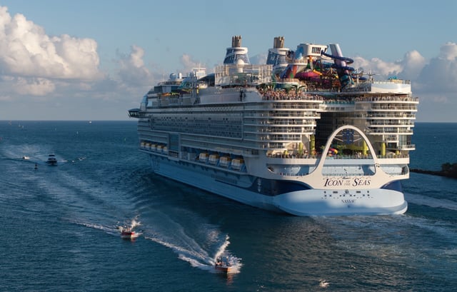 In an aerial view, Royal Caribbean&#39;s Icon of the Seas, billed as the world&#39;s largest cruise ship, heads out to sea for its second voyage from PortMiami on February 03, 2024, in Miami, Florida.