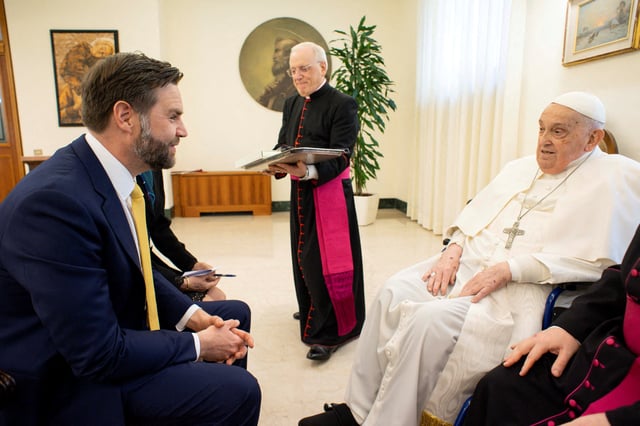 Pope Francis meets with U.S. Vice President JD Vance on Easter Sunday at the Vatican, April 20, 2025. Vatican Media/­Handout via REUTER./File Photo