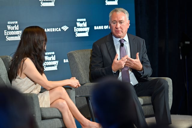 Gina Chon, senior editor, Semafor, and Ken Griffin, founder and CEO, Citadel speak on stage during The Semafor 2025 World Economy Summit in Washington, D.C. on April 23