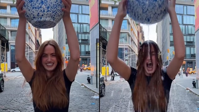 A photo of TikToker Haley Baylee dumping ice water on her head.