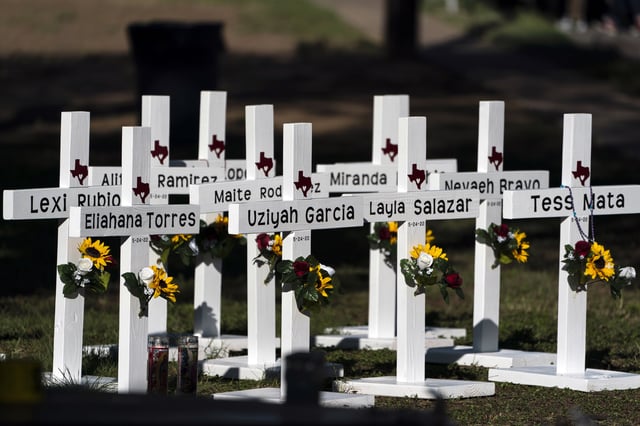 FILE - Crosses with the names of shooting victims are placed outside Robb Elementary School in Uvalde, Texas, May 26, 2022. (AP Photo/Jae C. Hong, File)