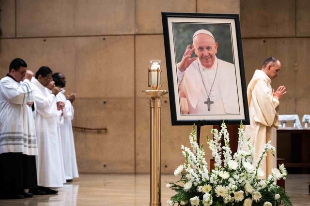 Catholics mourn the death of Pope Francis during a Mass at the Cathedral of Our Lady of the Angels in Los Angeles on Monday, April 21, 2025. (File photo by Sarah Reingewirtz, Los Angeles Daily News/SCNG)