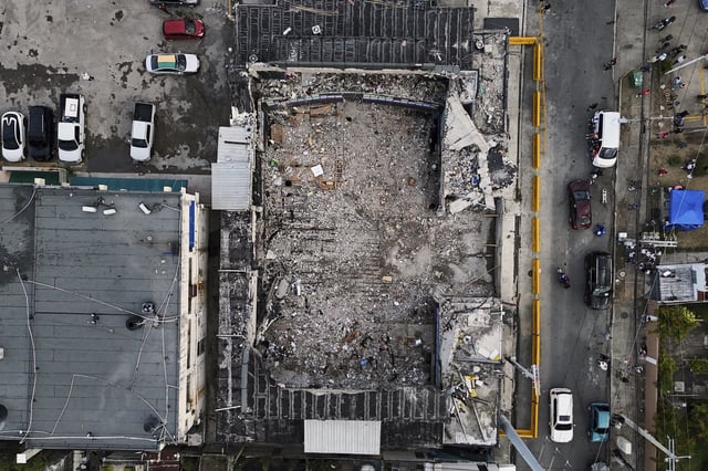 An aerial view of the Jet Set nightclub days after its roof collapsed, killing more than 200 people, in Santo Domingo, Dominican Republic, Friday, April 11, 2025. (AP Photo/Matias Delacroix)