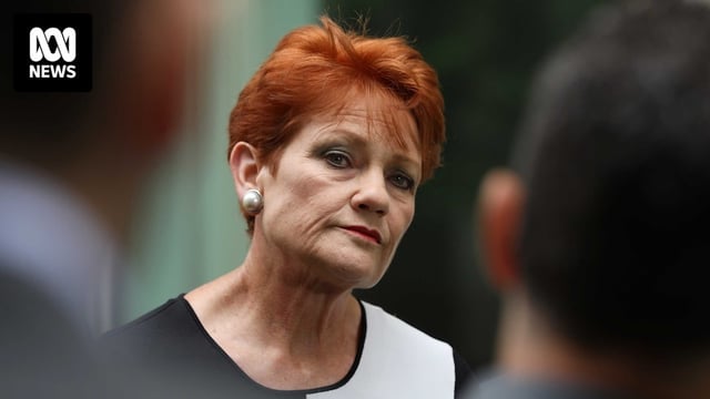 Pauline Hanson cocks her head to the side while looking down her nose between the shoulders of two men