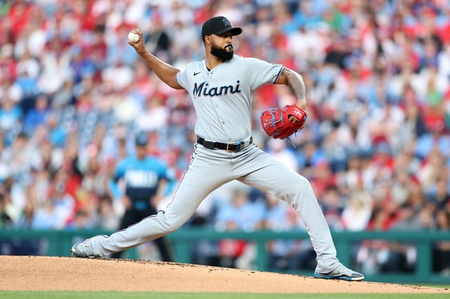 PHILADELPHIA, PENNSYLVANIA - APRIL 18: Sandy Alcantara #22 of the Miami Marlins pitches in the first inning against the Philadelphia Phillies at Citizens Bank Park on April 18, 2025 in Philadelphia, Pennsylvania.