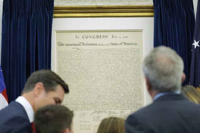 A replica of the Declaration of Independence is pictured during a swearing in ceremony for Dr. Mehmet Oz to be Administrator of the Centers for Medicare and Medicaid Services, in the Oval Office of the White House, Friday, April 18, 2025, in Washington. (AP Photo/Alex Brandon)