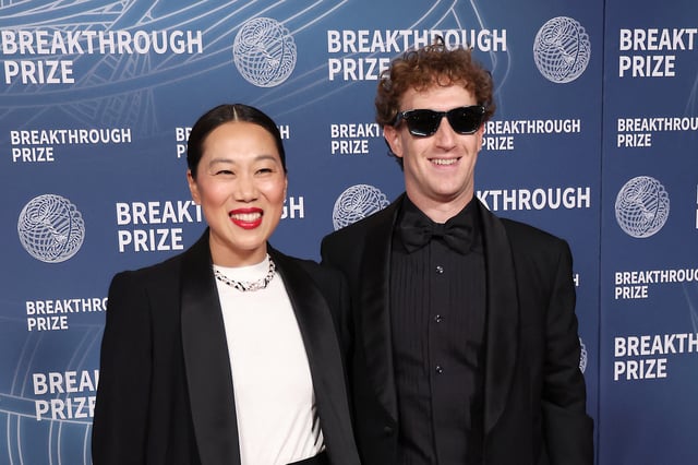 CEO of Meta Mark Zuckerberg, right, and pediatrician Priscilla Chan attend the 11th Breakthrough Prize ceremony at Barker Hangar in Santa Monica, Calif., on April 5, 2025.