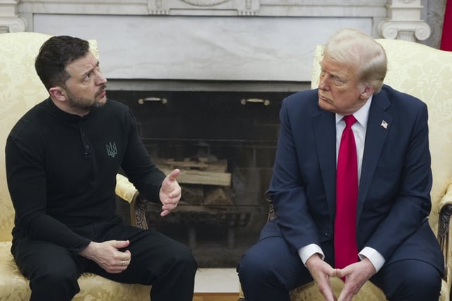 President Donald Trump, right, meets with Ukrainian President Volodymyr Zelenskyy in the Oval Office at the White House, Friday, Feb. 28, 2025, in Washington. 