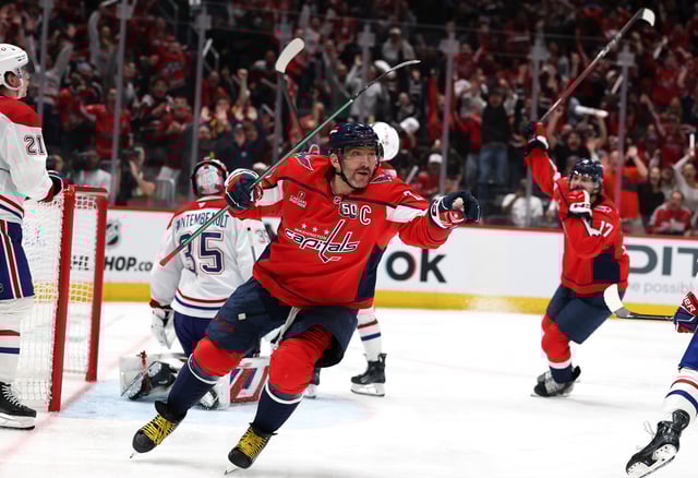 Alex Ovechkin #8 of the Washington Capitals celebrates after scoring a goal against the Montreal Canadiens during overtime in Game One of the First Round of the 2025 Stanley Cup Playoffs at Capital One Arena on April 21, 2025 in Washington, DC.