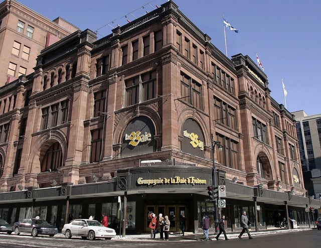 FILE- The Bay's flagship store in downtown Montreal is seen here Thursday, March 10, 2005. Hudson's Bay Company says it's cutting about 825 management and administrative jobs to realign its senior management team Thursday, Nov. 3, 2005.The Toronto-based retailer says the move will simplify its operations and save $45 million a year. 