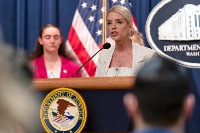 Attorney General Pam Bondi speaks during a news conference at the Department of Justice headquarters in Washington, Wednesday, April 16, 2025. (AP Photo/Jose Luis Magana)