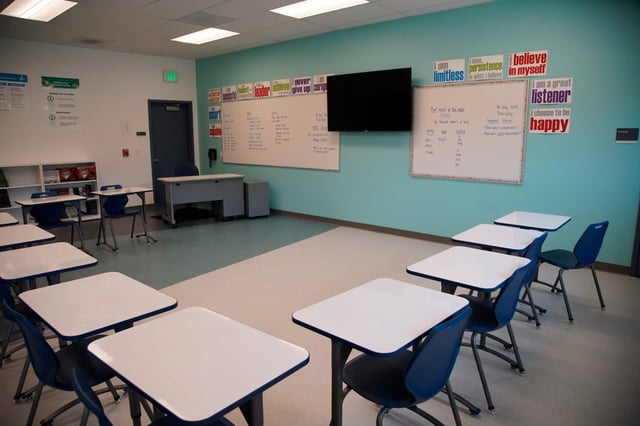 Community leaders, and probation staff celebrate the completion of the Youth Transition Campus to better support high-risk youth. A classroom with desk, whiteboards, posters and television in Birdland on Thursday, July 18, 2024 in San Diego, California. (Alejandro Tamayo / The San Diego Union-Tribune)