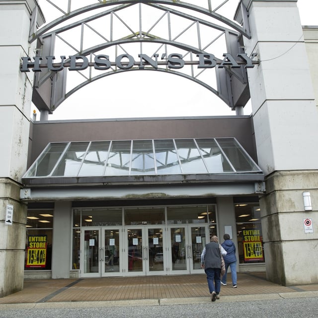 Hudson’s Bay in Park Royal shopping centre in West Vancouver, B.C. on March 27 2025. Hudson’s Bay Company announced on March 21, 2025 that all but six of its locations across Canada would be liquidated after the company filed for credit protection. [Isabella Falsetti/Globe and Mail]