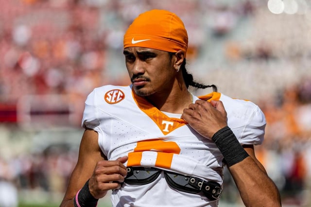 Tennessee quarterback Nico Iamaleava warms up before a game against Alabama on Oct. 21, 2023, in Tuscaloosa, Ala. (AP Photo/Vasha Hunt)