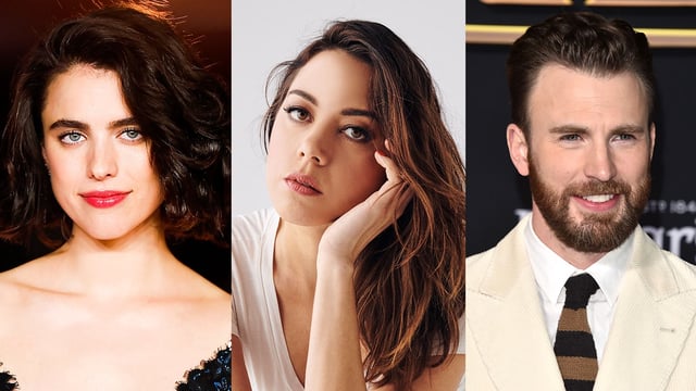 Margaret Qualley, Aubrey Plaza, and Chris Evans.