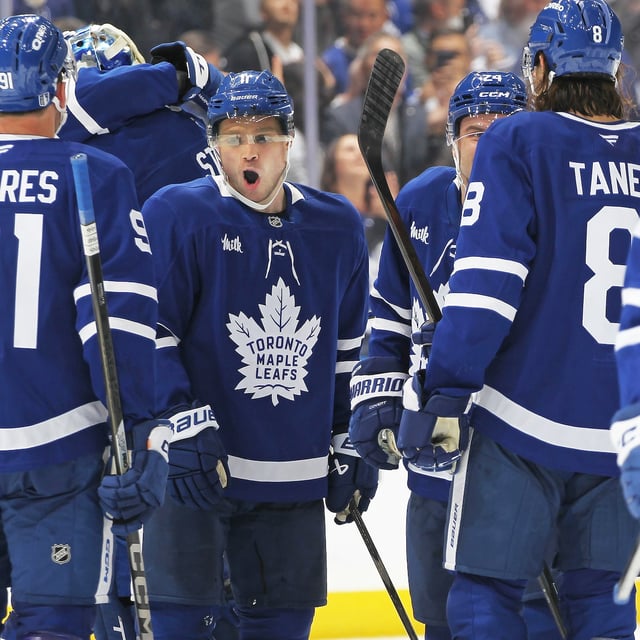 TORONTO, CANADA - APRIL 22:  Max Domi #11 of the Toronto Maple Leafs celebrates his overtime winning goal against the Ottawa Senators during the first overtime period in Game Two of the First Round of the 2025 Stanley Cup Playoffs at Scotiabank Arena on April 22, 2025 in Toronto, Ontario, Canada. The Maple Leafs defeated the Senators 3-2 in overtime.  (Photo by Claus Andersen/Getty Images)