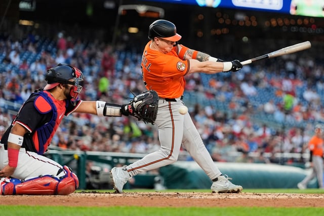 Baltimore Orioles&#39; Tyler O&#39;Neill, right, strikes out swinging in front of Washington Nationals catcher Keibert Ruiz (20) during the fourth inning of a baseball game, Wednesday, April 23, 2025, in Washington. (AP Photo/Stephanie Scarbrough)