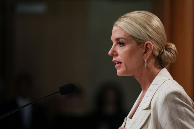 US Attorney General Pam Bondi attends a press conference, as she unveils actions against the state of Maine, which is locked in a dispute with the Trump administration over transgender policy, at the Justice Department in Washington, DC, on April 16, 2025.