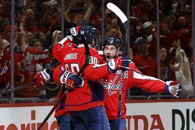 Apr 23, 2025; Washington, District of Columbia, USA; Washington Capitals center Connor McMichael (24) celebrates with teammates after scoring an empty net goal against the Montreal Canadiens in the third period in game two of the first round of the 2025 Stanley Cup Playoffs at Capital One Arena. Mandatory Credit: Geoff Burke-Imagn Images
