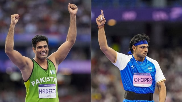 In this combo photo, (L-R) Pakistan's Arshad Nadeem and India's Neeraj Chopra celebrate during the Paris Olympics.