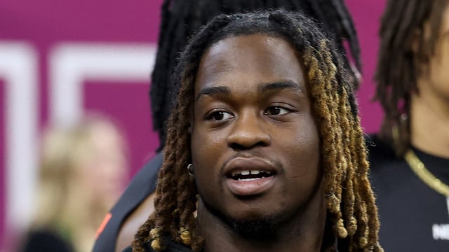 Ashton Jeanty #RB15 of Boise State looks on during the NFL Scouting Combine at Lucas Oil Stadium on March 01, 2025 in Indianapolis, Indiana. (Photo by Stacy Revere / GETTY IMAGES NORTH AMERICA / Getty Images via AFP)