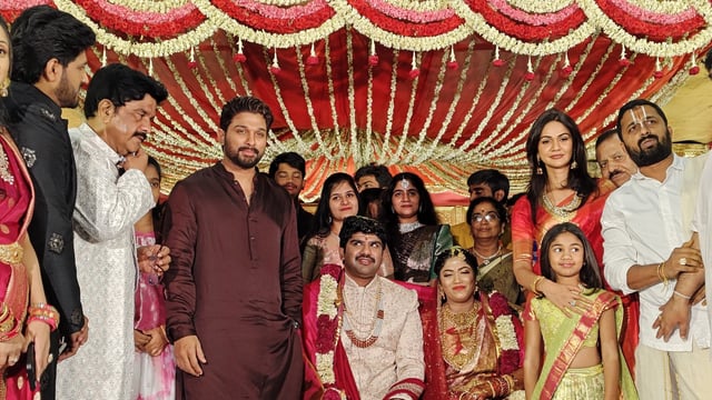 Allu Arjun at cousin's wedding with wife Sneha and daughter Arha.