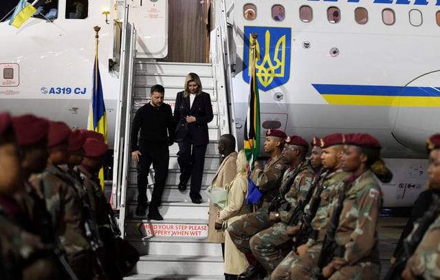 South Africa's Minister of International Relations and Cooperation Ronald Lamola greets Ukraine's President Volodymyr Zelenskiy on his arrival ahead of talks with South African president Cyril Ramaphosa in Pretoria, South Africa April 24, 2025. Jacoline Schoonees/DIRCO/Handout via REUTERS